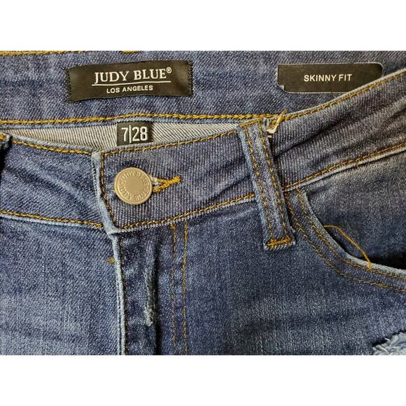 Judy Blue 7/28 MID Rise Skinny Jeans Blue Distressed FRAY RAW Hems Stretch - Picture 5 of 13